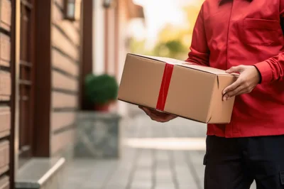 Delivery Courier Holding Cardboard Package At Doorstep