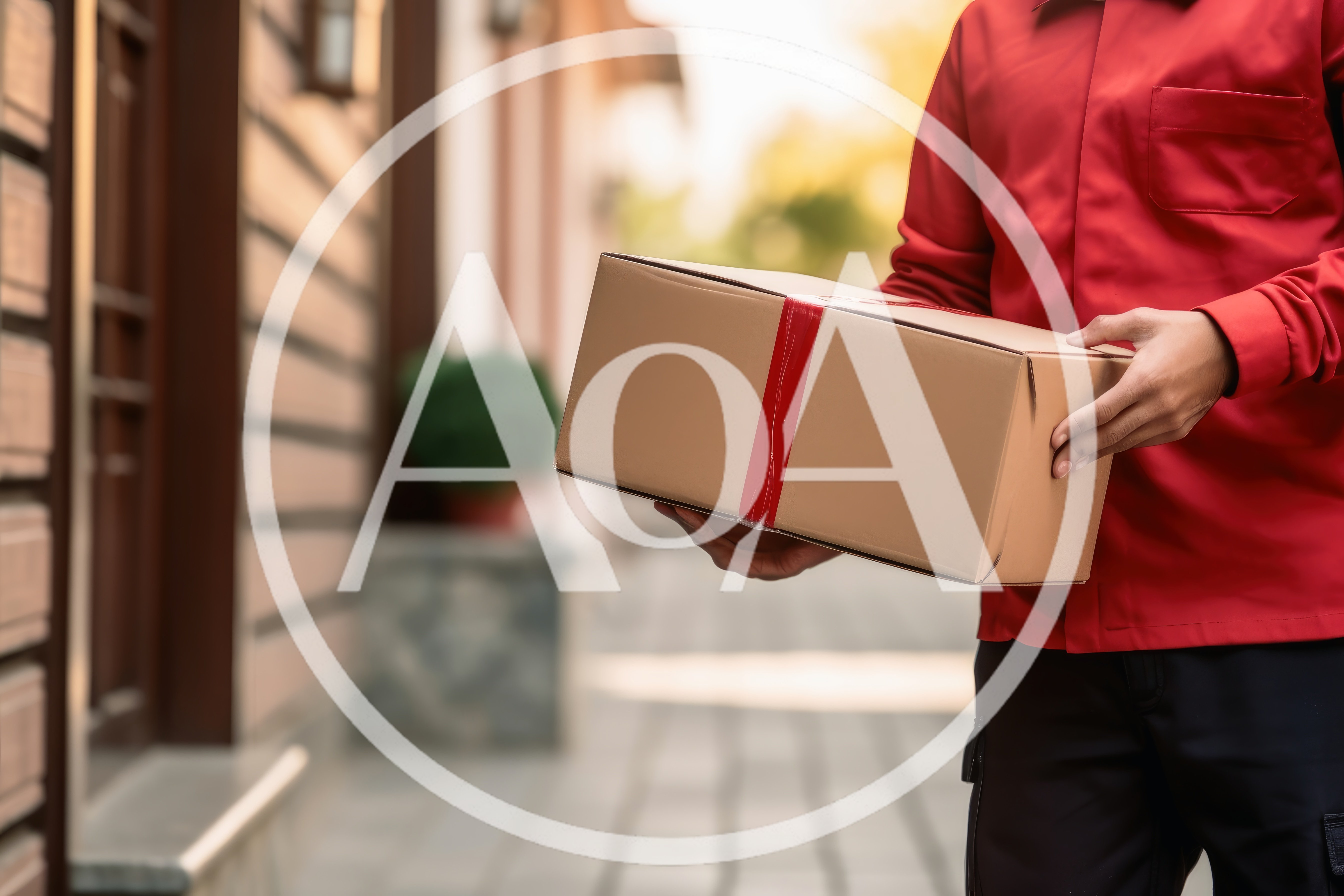 Delivery Courier Holding Cardboard Package At Doorstep
