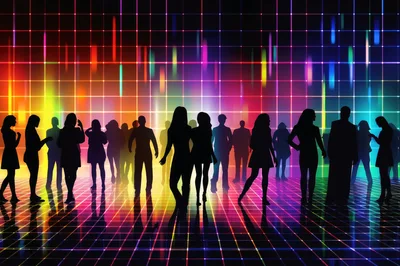 Silhouettes Of People Dancing On A Neon Grid Floor