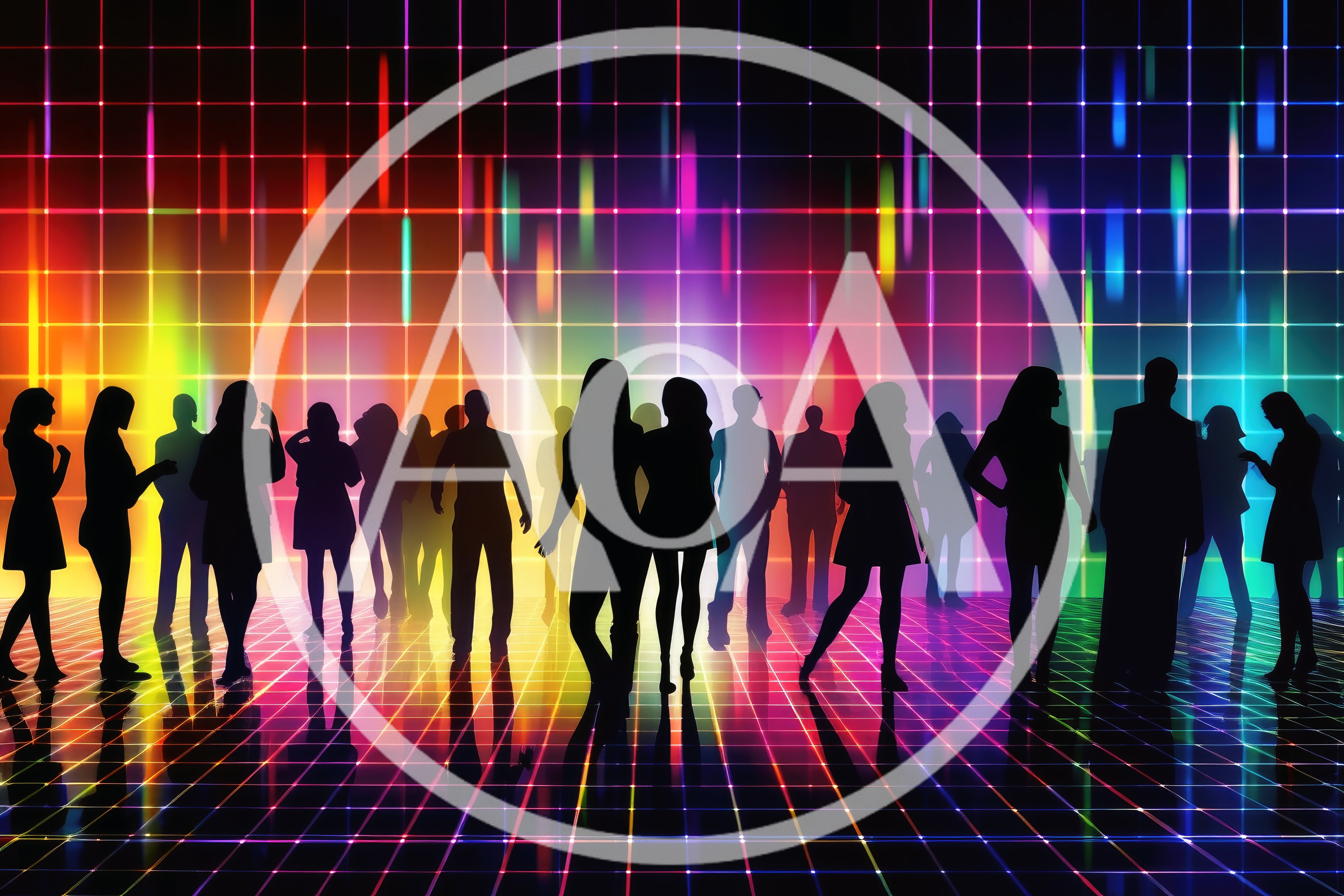 Silhouettes Of People Dancing On A Neon Grid Floor