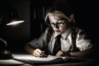 Young Girl Studying With Desk Lamp At Night
