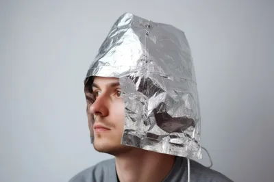 Man Wearing A Homemade Aluminum Foil Hat