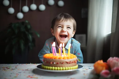 Happy Toddler Boy Celebrating Birthday With Cake