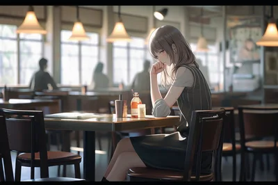 Anime Style Girl Sitting Alone In A Cafe