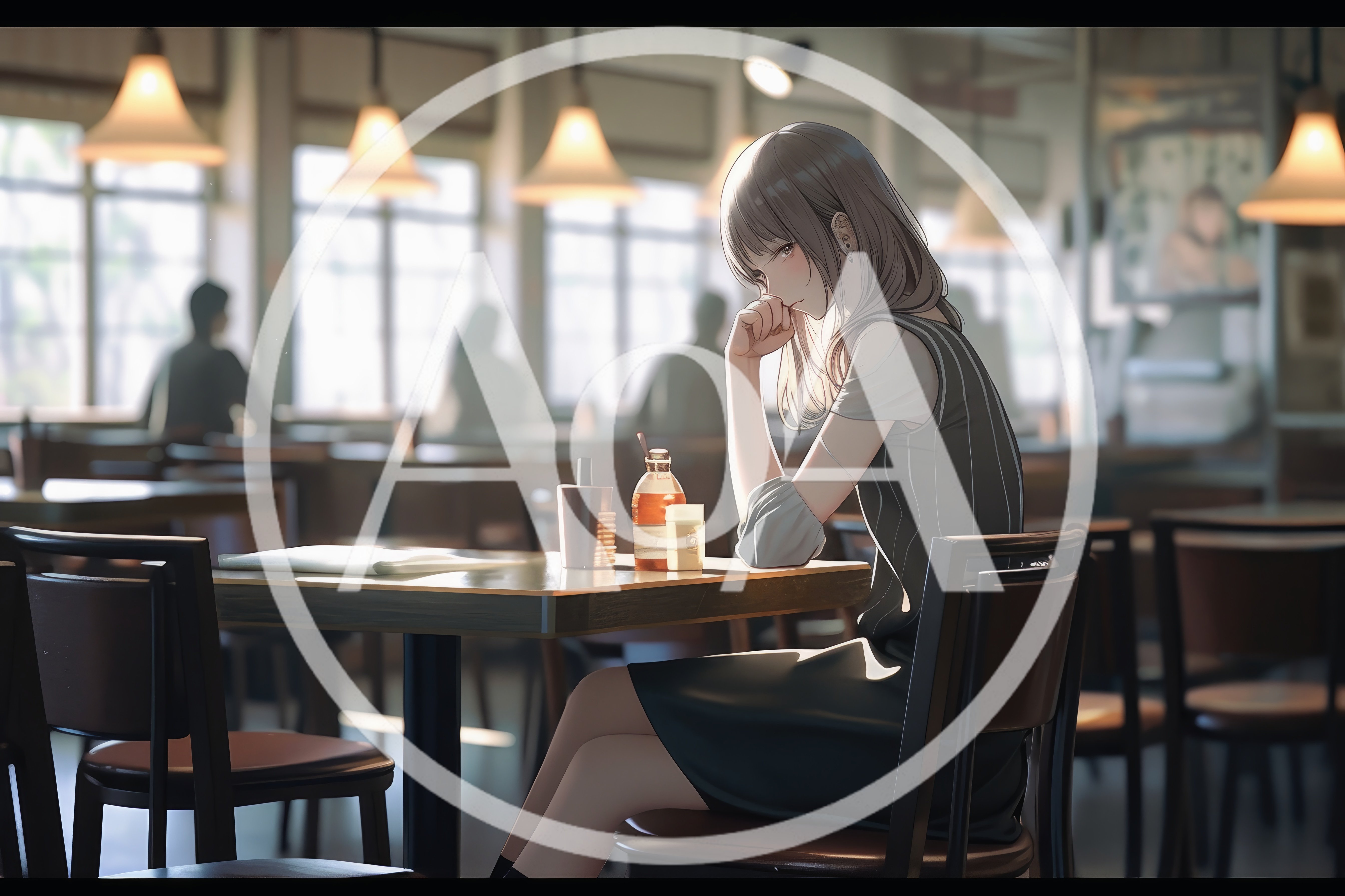 Anime Style Girl Sitting Alone In A Cafe