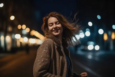 Happy Young Woman Spinning In City Night Lights