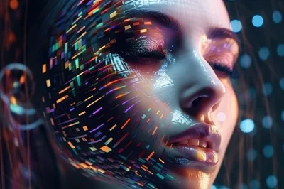 Digital Human Face With Glitch Data Overlay