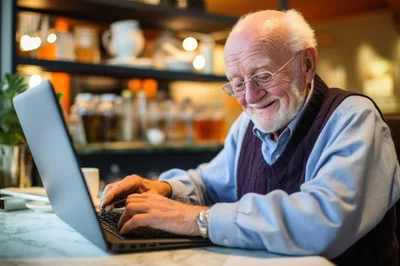 Elderly Man Using Laptop in a Cafe