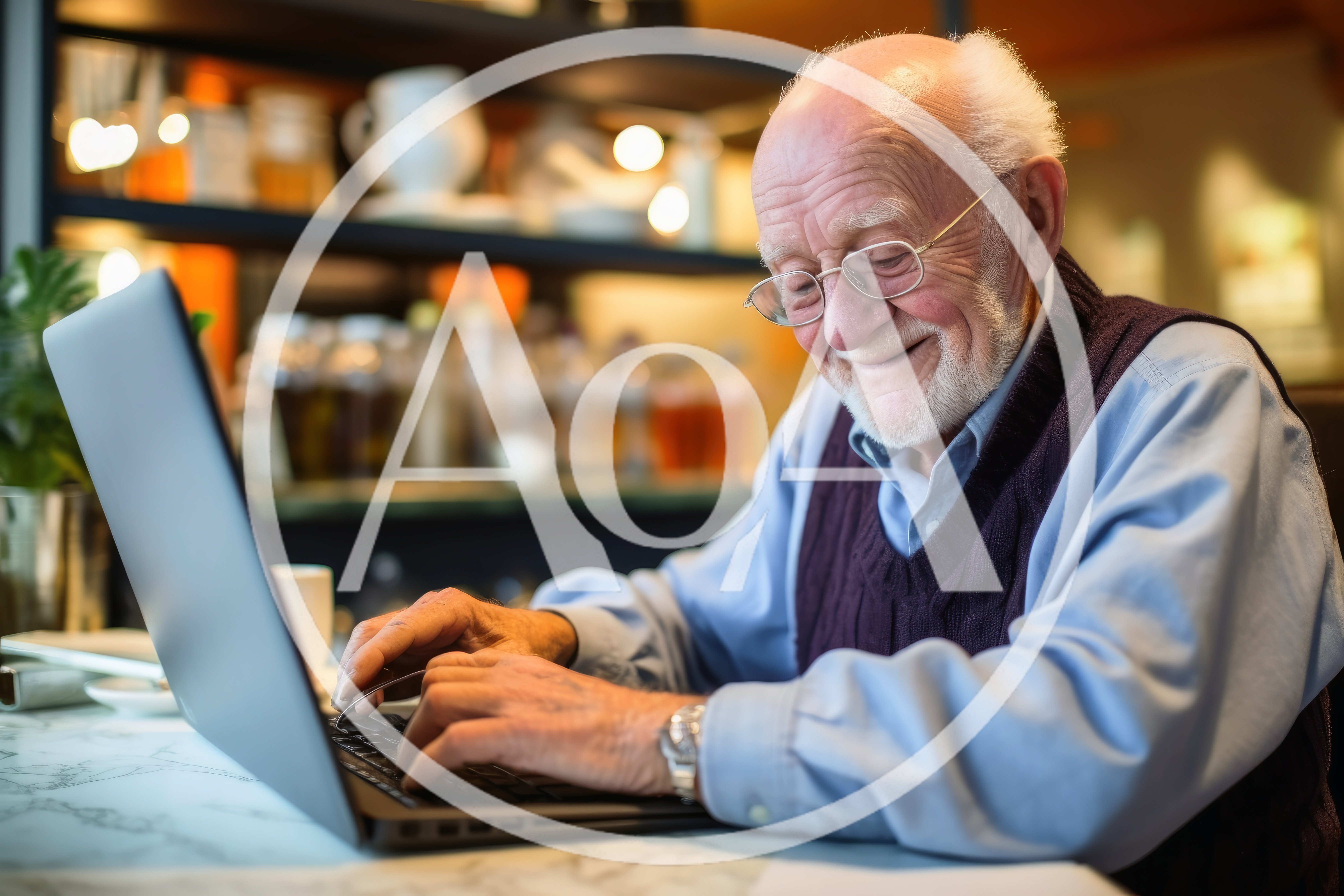 Elderly Man Using Laptop in a Cafe