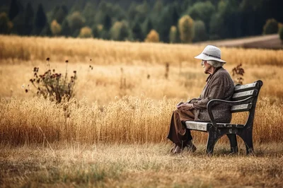 Elderly Woman Sitting Alone On A Bench In A Field