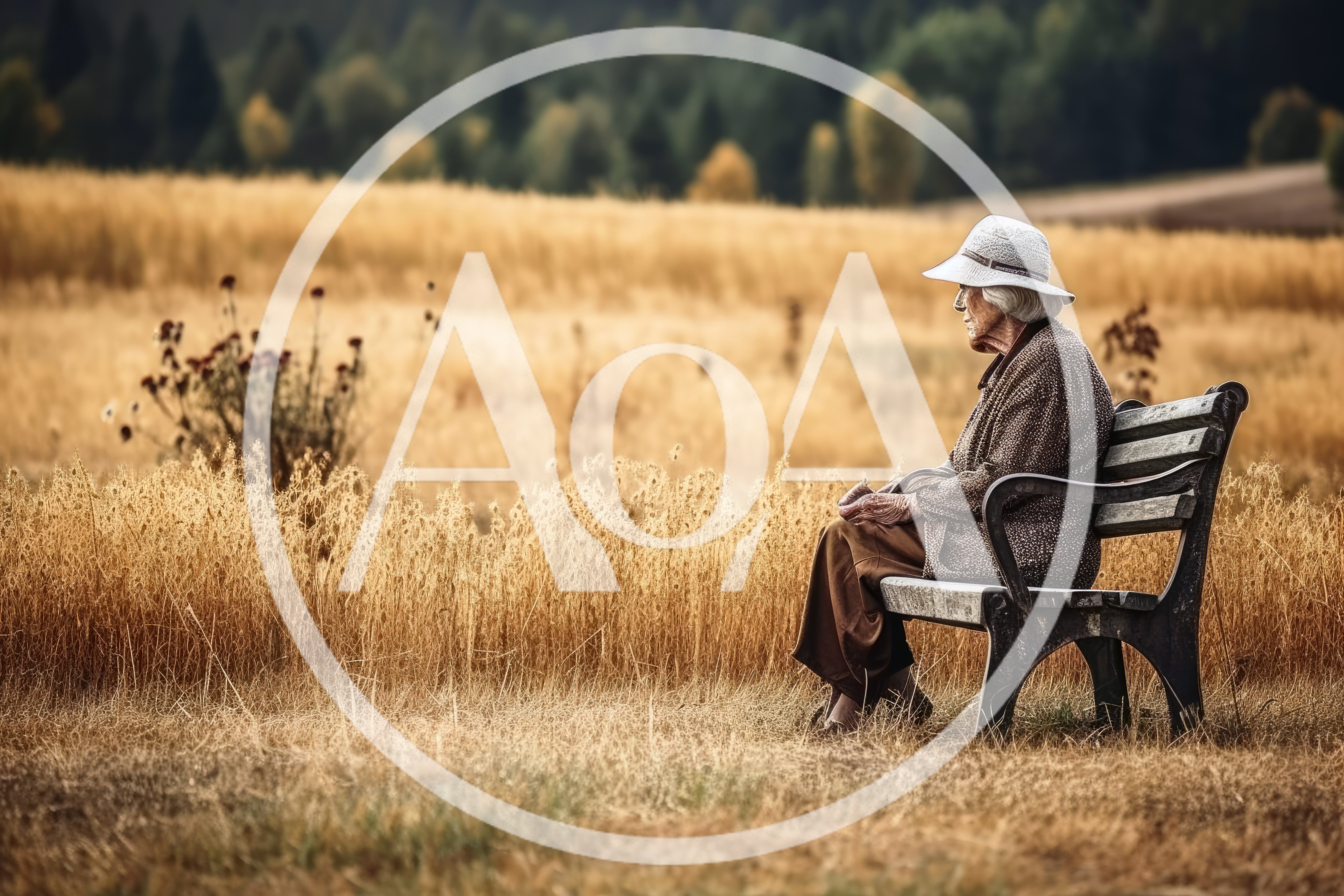 Elderly Woman Sitting Alone On A Bench In A Field