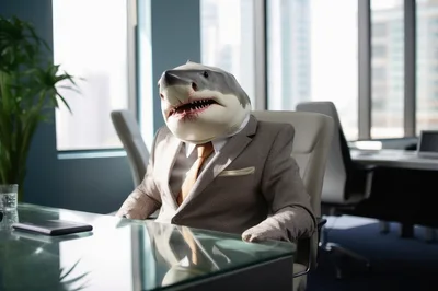 Shark Head Businessman Sitting In Modern Office