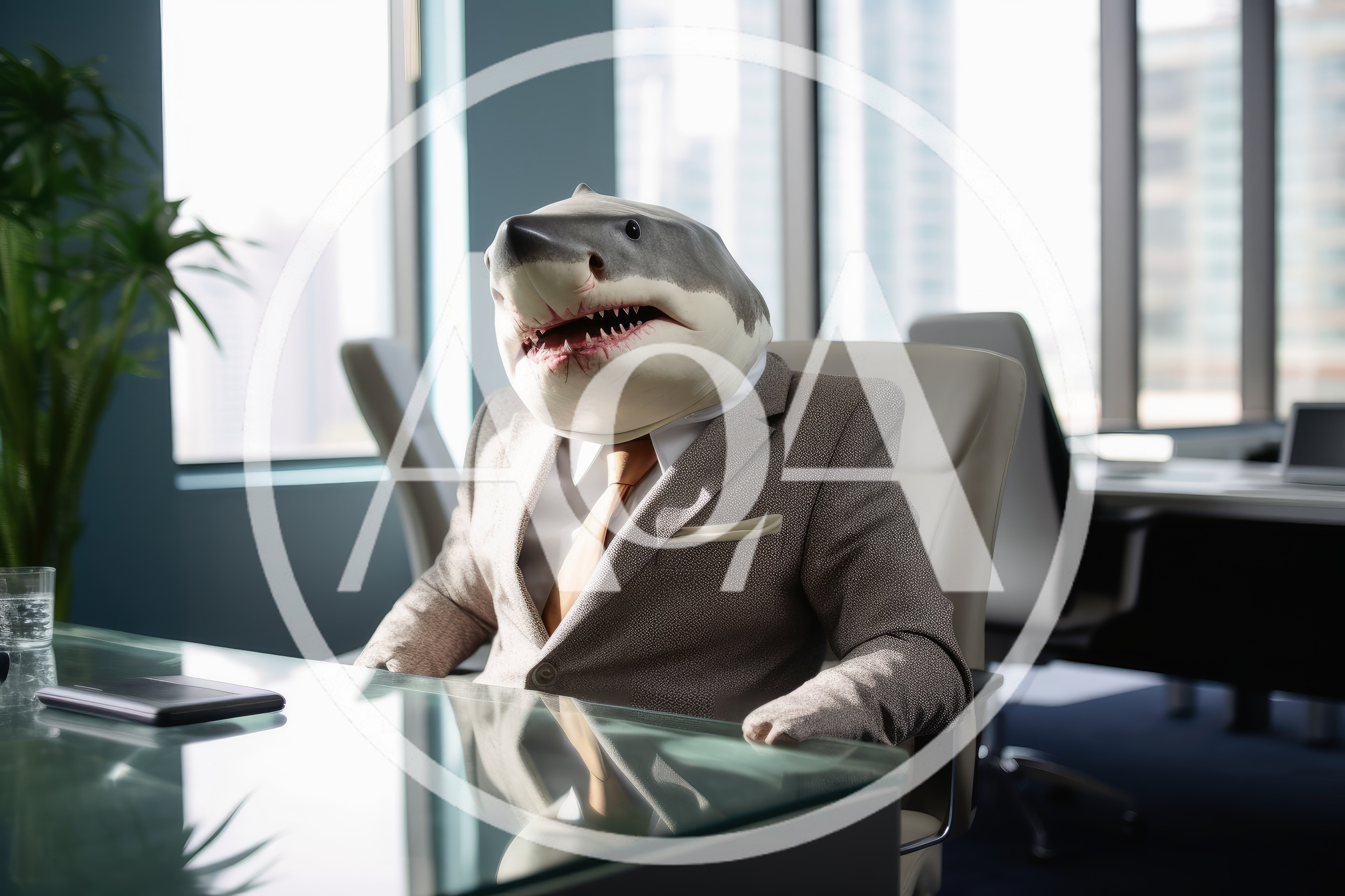 Shark Head Businessman Sitting In Modern Office