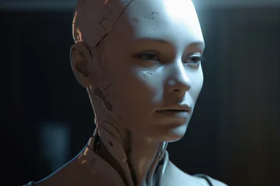 Close Up Portrait Of A Damaged Android Robot