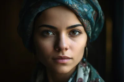Portrait Of A Young Woman Wearing A Floral Headscarf