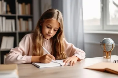 Young Girl Studying And Writing In A Notebook