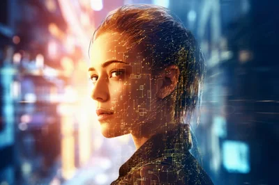 Digital Human Portrait With Circuit Board Overlay