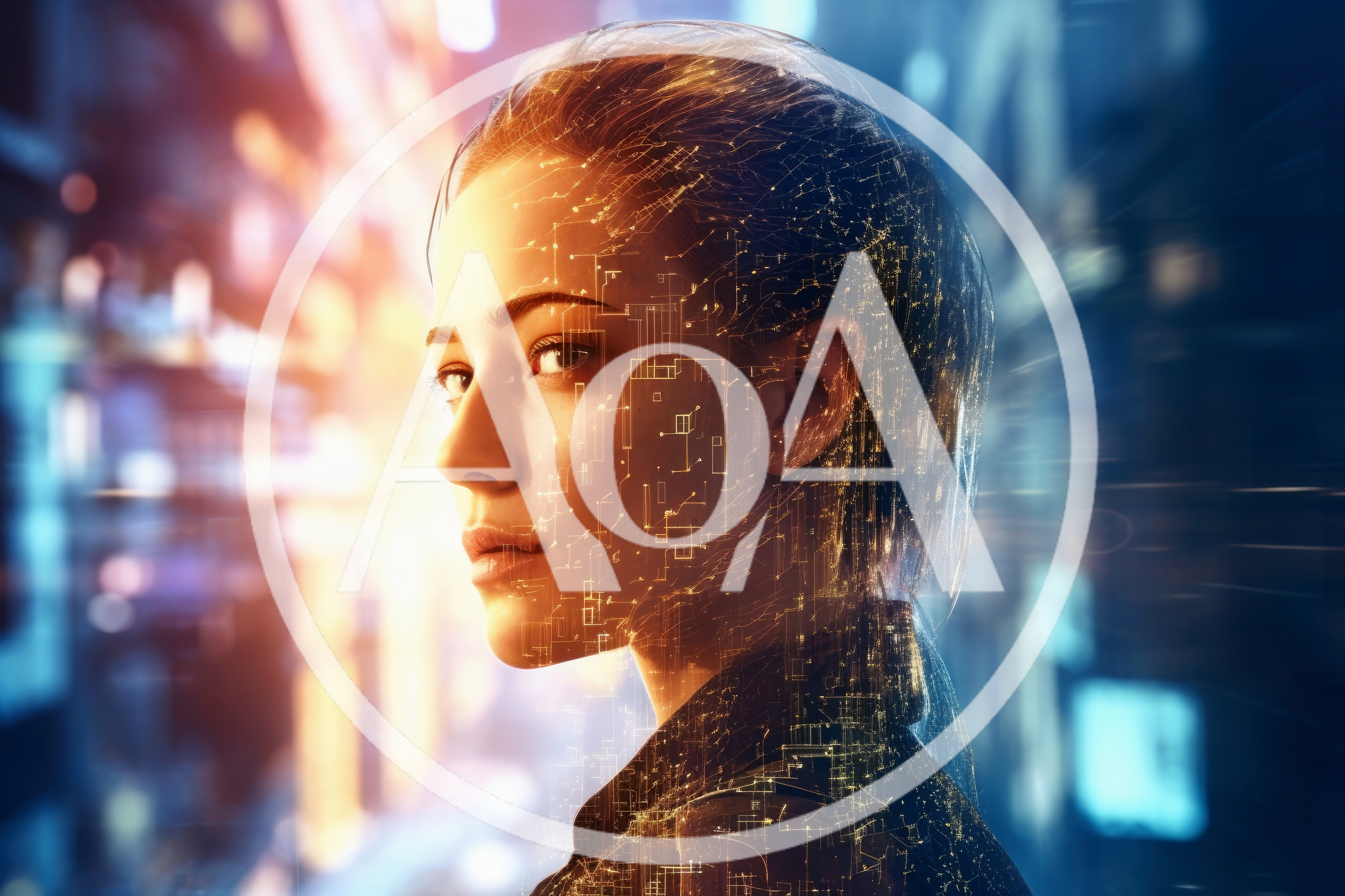 Digital Human Portrait With Circuit Board Overlay