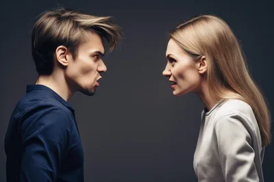 Angry Man And Woman Arguing Face To Face