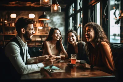 Friends Laughing Together At A Cozy Bar Table
