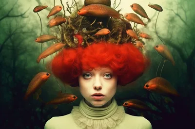 Surreal Portrait Of Woman With Red Hair And Fish