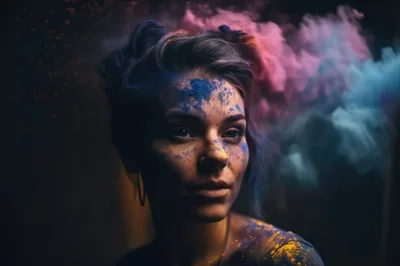 Portrait Of A Woman Covered In Colorful Holi Powder