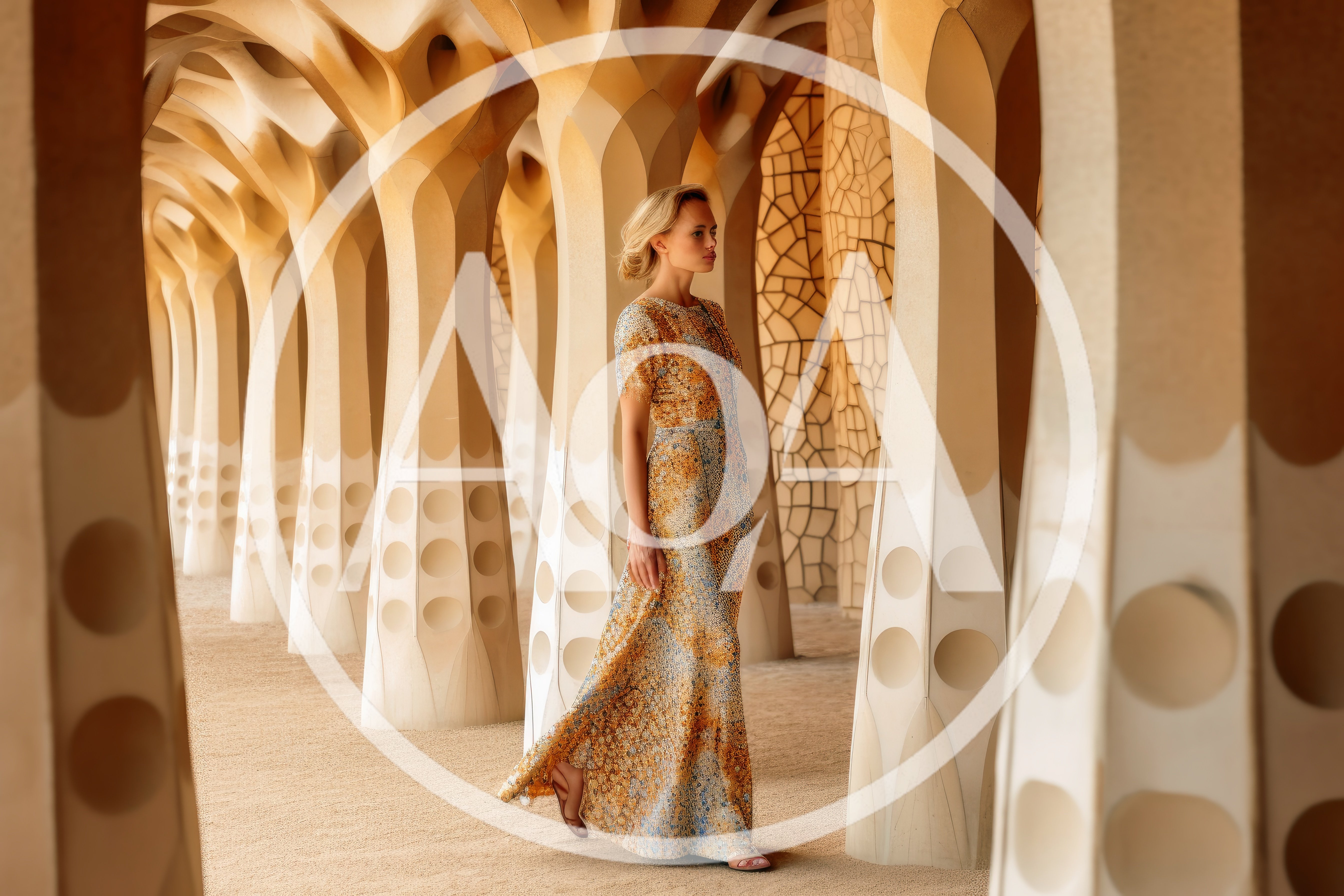 Elegant Woman Walking Through Gaudi Style Architectural Columns
