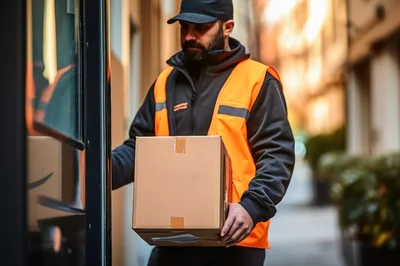 Delivery Driver Carrying Cardboard Package To A Door