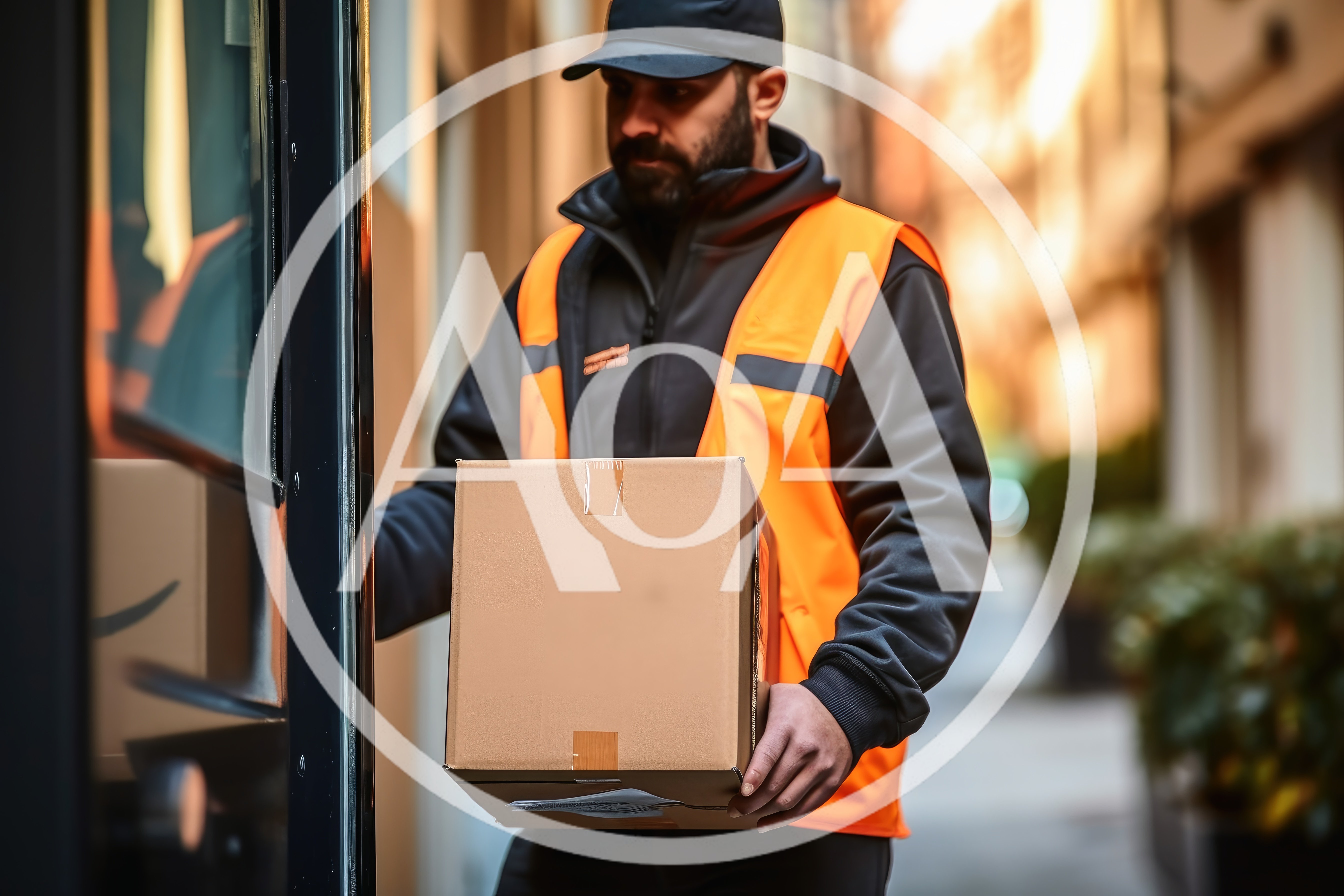 Delivery Driver Carrying Cardboard Package To A Door
