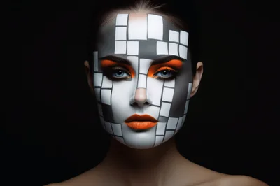 Portrait Of A Woman With Geometric Grid Face Paint