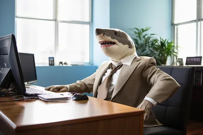 Shark Head Businessman Working At Office Desk