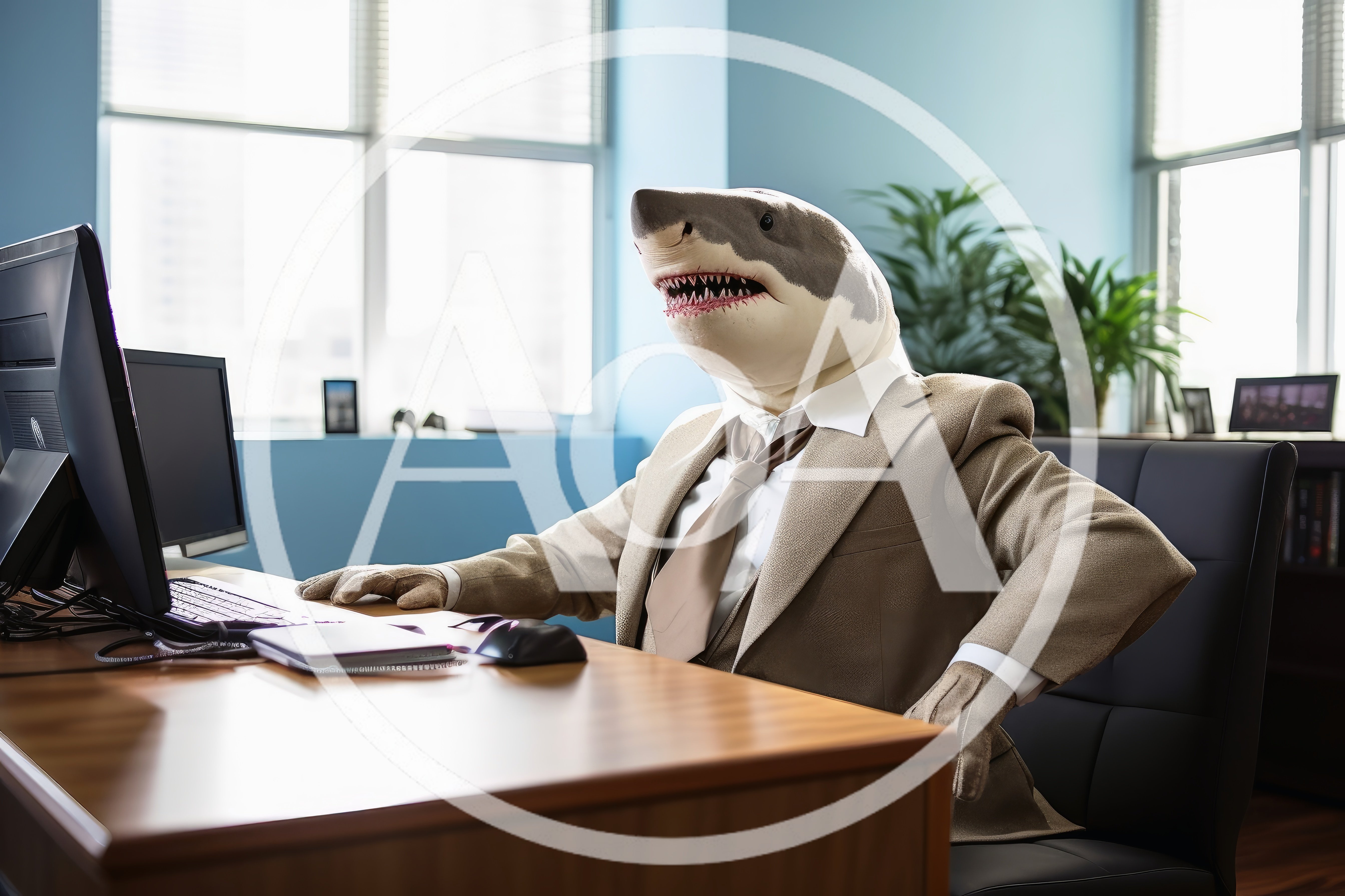 Shark Head Businessman Working At Office Desk