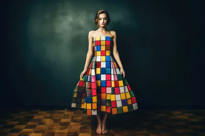 Woman Wearing A Colorful Rubik Cube Inspired Dress