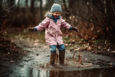 Happy Young Girl Jumping in Muddy Puddle