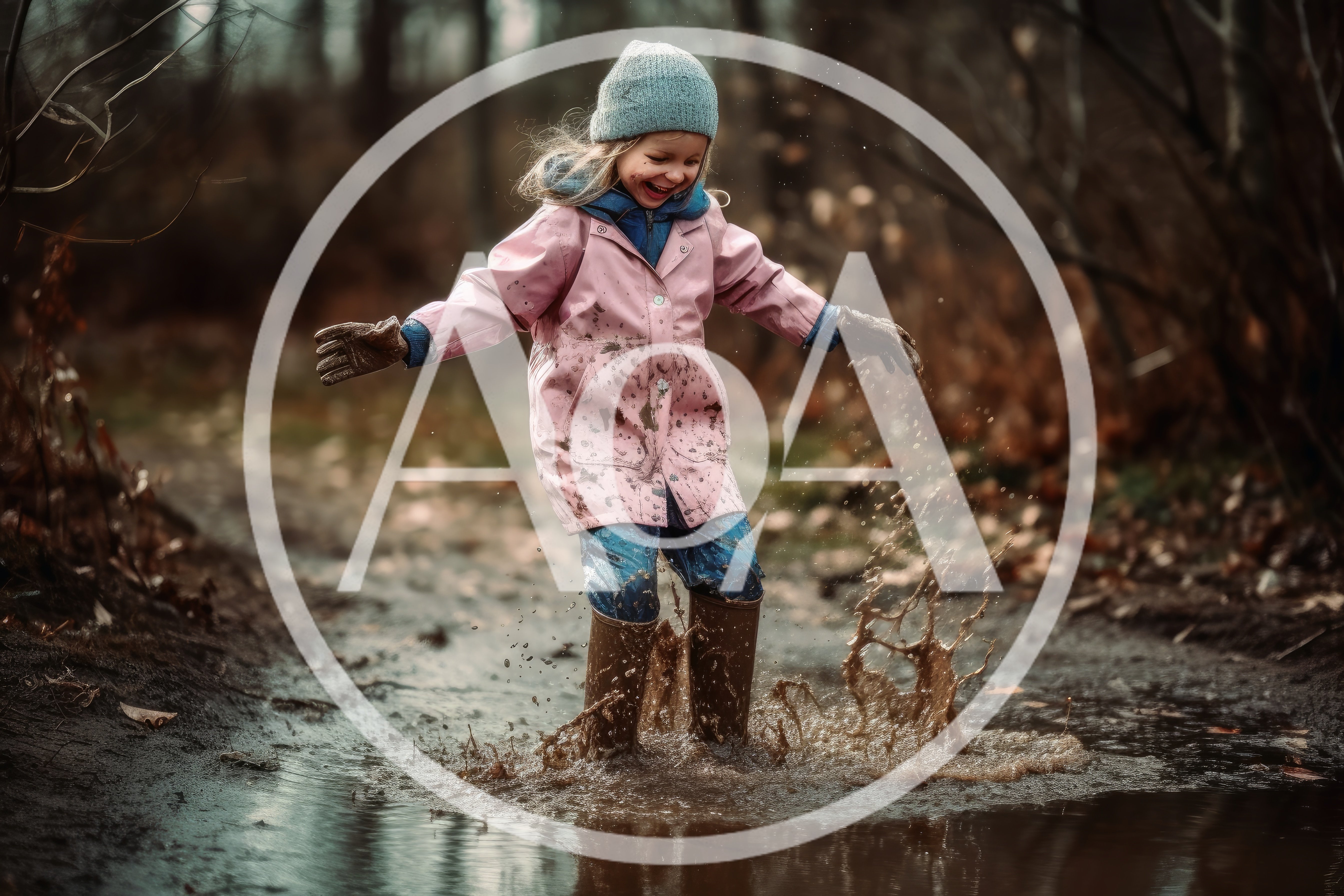 Happy Young Girl Jumping in Muddy Puddle