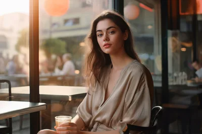 Young Woman Sitting In A Cafe With A Drink