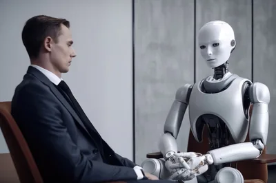 Businessman Sitting Opposite A Humanoid Robot In Office