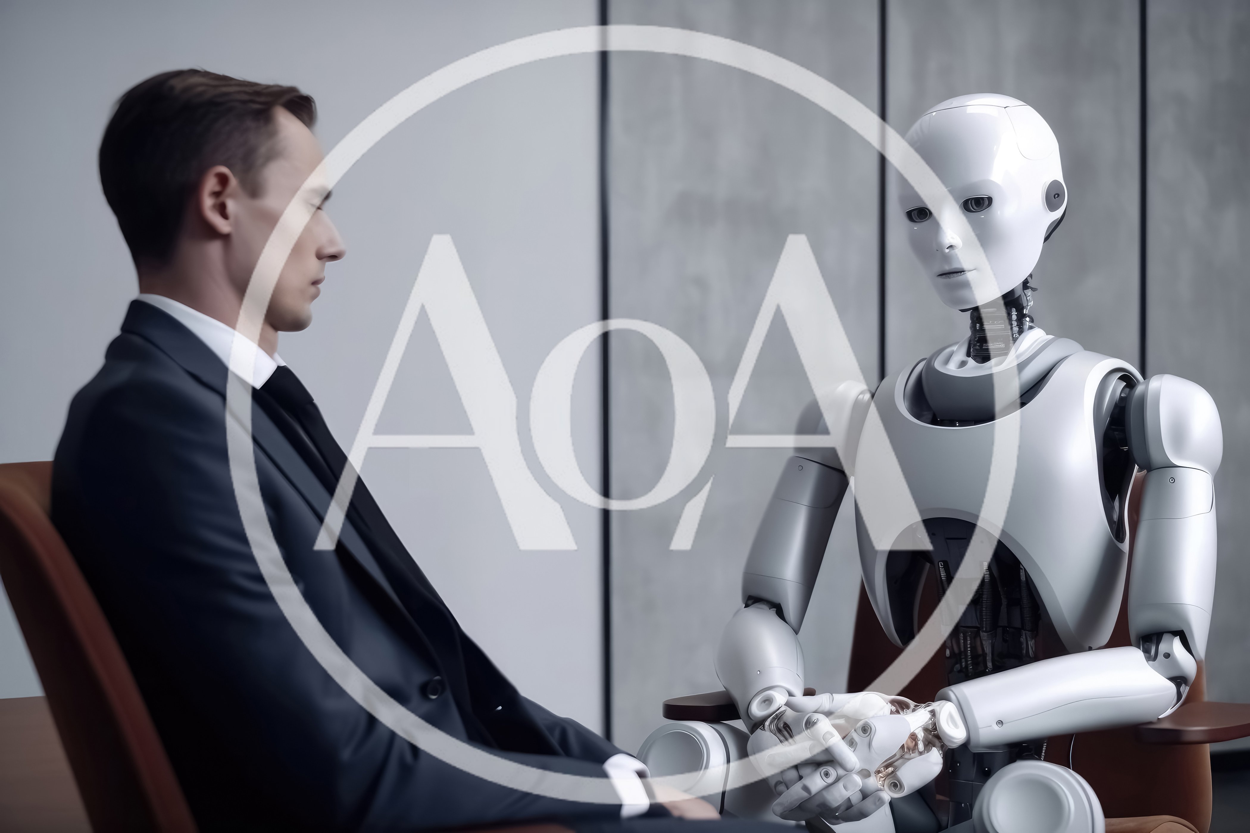 Businessman Sitting Opposite A Humanoid Robot In Office