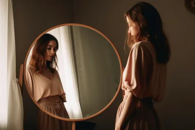 Young Woman Looking At Her Reflection In A Mirror