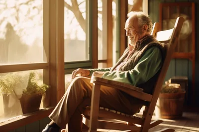 Elderly Man Relaxing In A Wooden Rocking Chair
