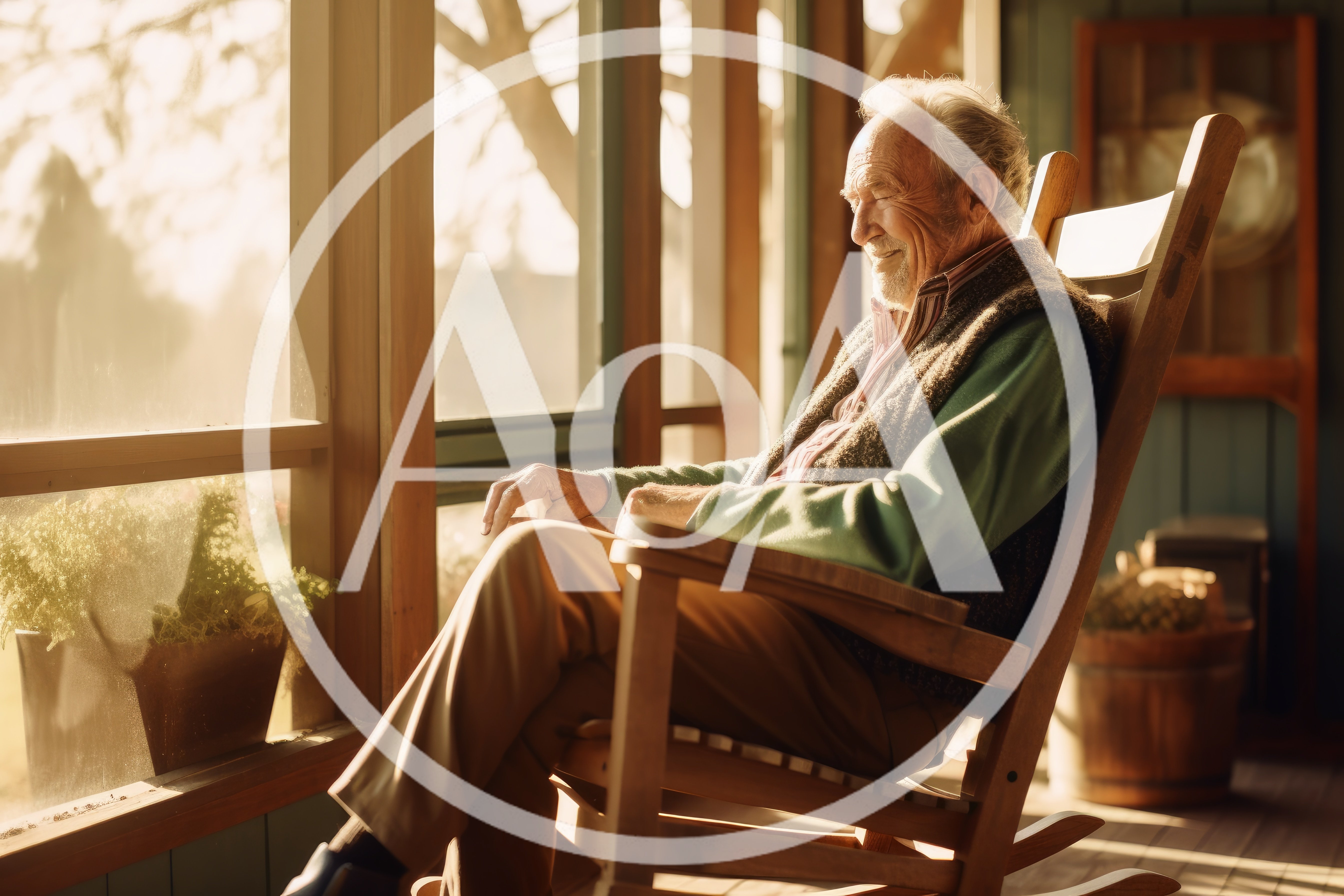 Elderly Man Relaxing In A Wooden Rocking Chair