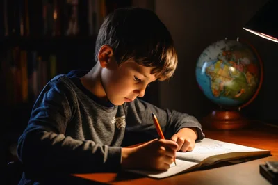Young Boy Studying With Globe At Night