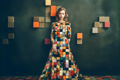 Woman Wearing A Colorful Geometric Pattern Dress