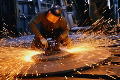 Industrial Worker Grinding Metal With Sparks
