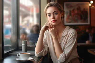 Young Woman Sitting At A Cafe Window