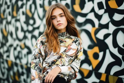 Young Woman Posing Against Abstract Graffiti Wall