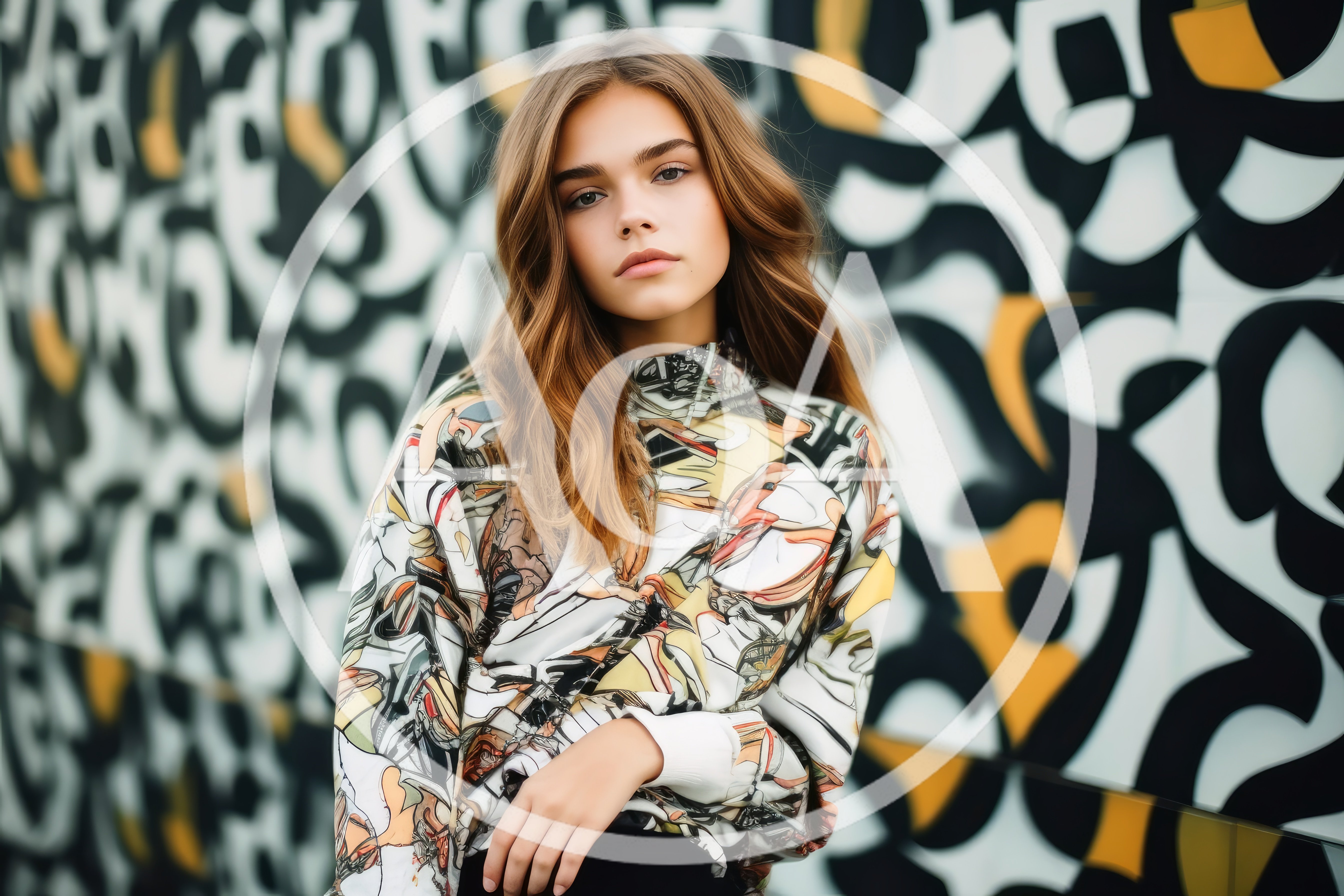 Young Woman Posing Against Abstract Graffiti Wall