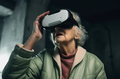 Elderly Woman Experiencing Virtual Reality Headset Technology
