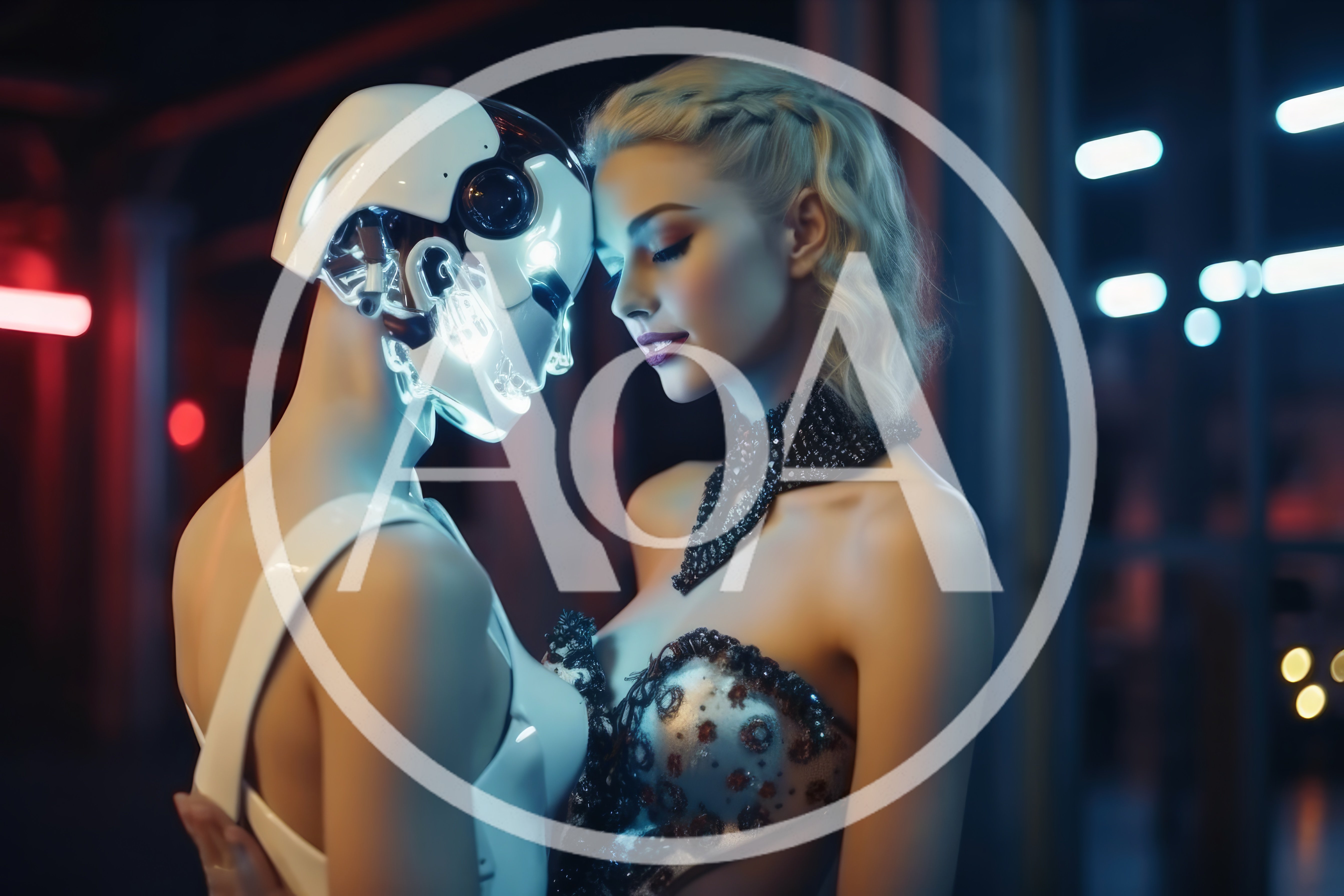 Futuristic Humanoid Robot And Woman In Intimate Pose