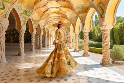 Elegant Woman In Yellow Gown Walking Through Ornate Colonnade